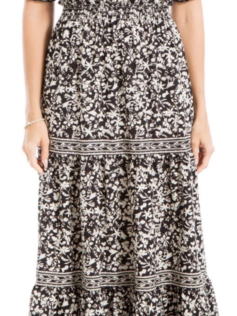 Max Studio Black and White Floral Tiered Maxi Skirt